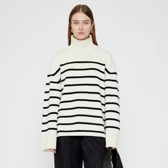 Anine Bing Sweaters - ANINE BING COURTNEY SWEATER Ivory & Black Stripe Cashmere Turtleneck Sweater XS